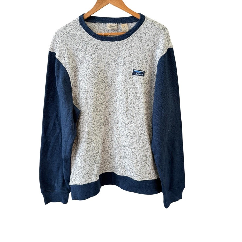 L.L. Bean Fleece Sweatshirt Mens L Gray Blue Colorblock Crew Neck Logo Outdoor